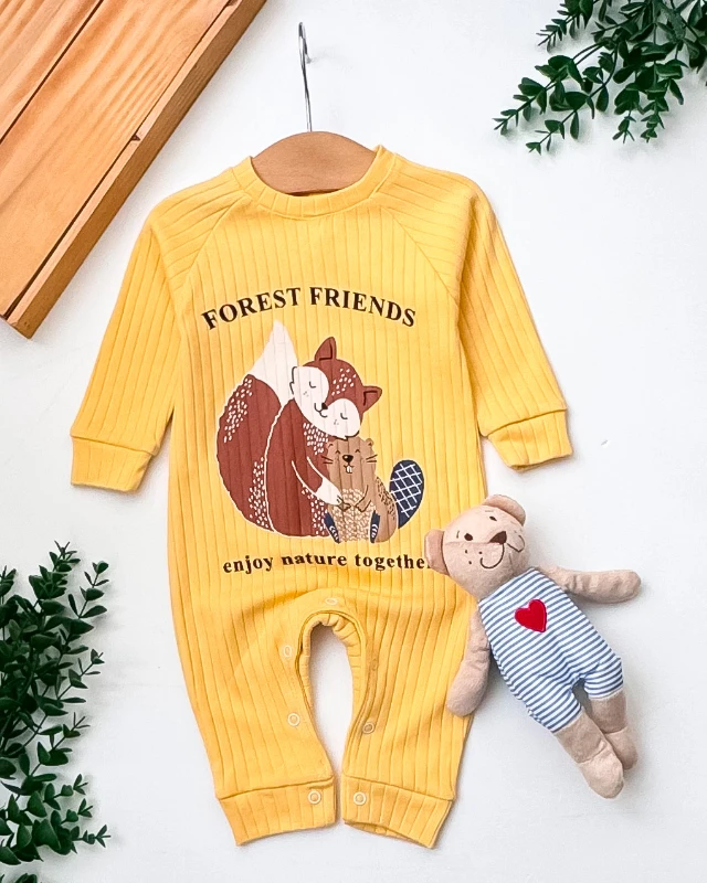 Babymii Forest Friends Baskılı Raporlu Kumaş Omuzdan ve Alttan Çıtçıtlı Bebek Tulum