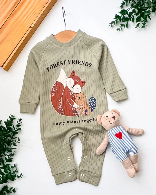 Babymii Forest Friends Baskılı Raporlu Kumaş Omuzdan ve Alttan Çıtçıtlı Bebek Tulum