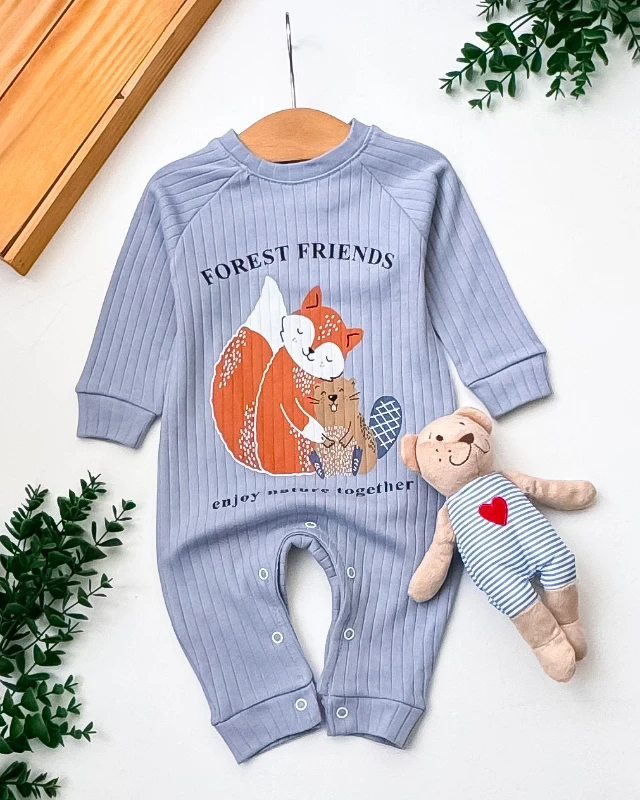 Babymii Forest Friends Baskılı Raporlu Kumaş Omuzdan ve Alttan Çıtçıtlı Bebek Tulum