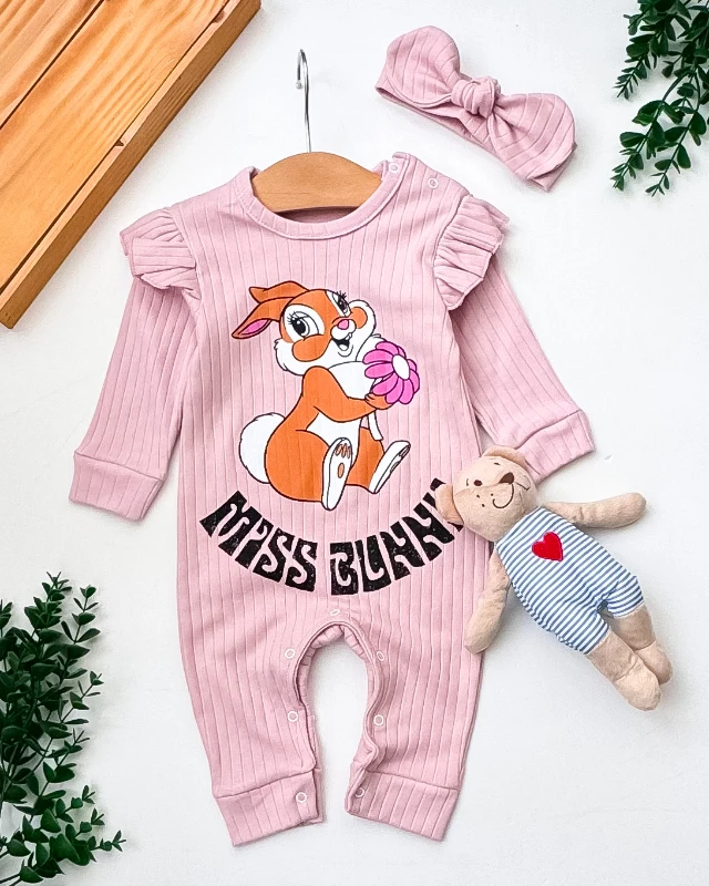 Babymii Miss Bunny Baskılı Raporlu Kumaş Omuzdan ve Alttan Çıtçıtlı Bandanalı Bebek Tulum