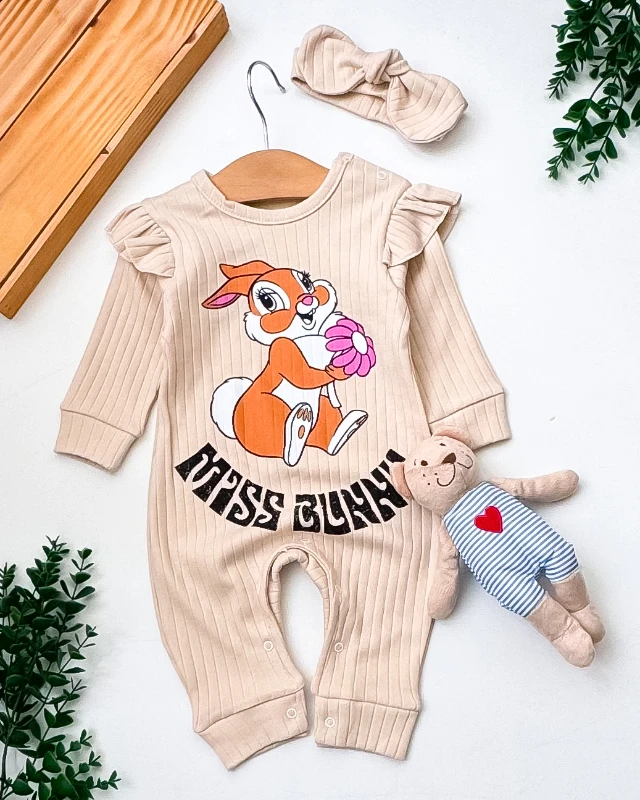 Babymii Miss Bunny Baskılı Raporlu Kumaş Omuzdan ve Alttan Çıtçıtlı Bandanalı Bebek Tulum