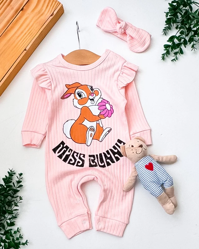 Babymii Miss Bunny Baskılı Raporlu Kumaş Omuzdan ve Alttan Çıtçıtlı Bandanalı Bebek Tulum