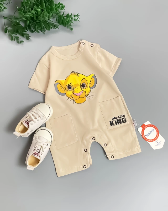 Miniapple Yazlık Lion King Aslan Baskılı Çift Cepli Bebek Tulumu - KREM