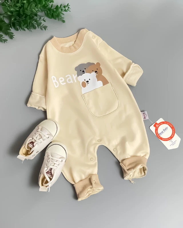 Miniapple Bear 3 Ayıcık Baskılı Omuzdan ve Alttan Çıtçıtlı Bebek Tulumu - KREM