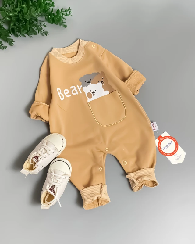 Miniapple Bear 3 Ayıcık Baskılı Omuzdan ve Alttan Çıtçıtlı Bebek Tulumu - AÇIK KAHVE