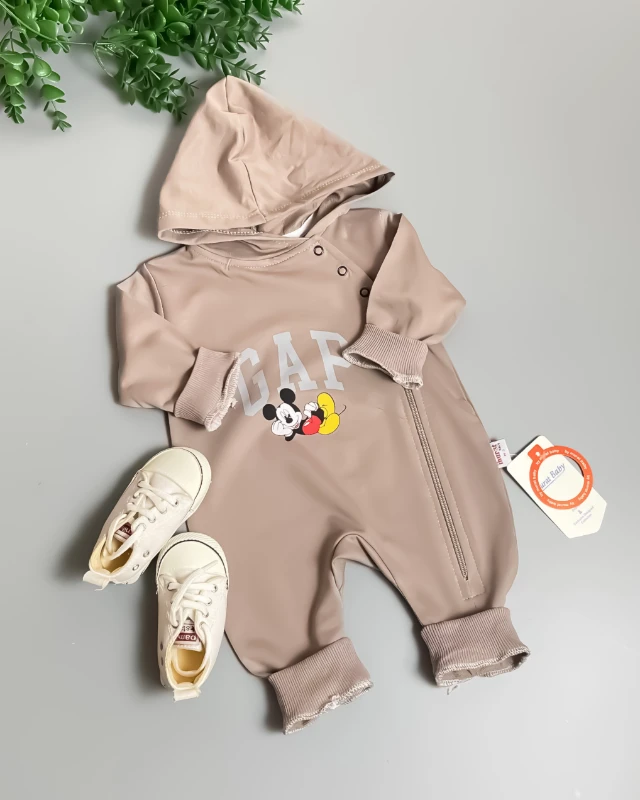Miniapple Gapp Miki Baskılı Kapüşonlu Fermuarlı Bebek Tulumu - KAHVERENGİ