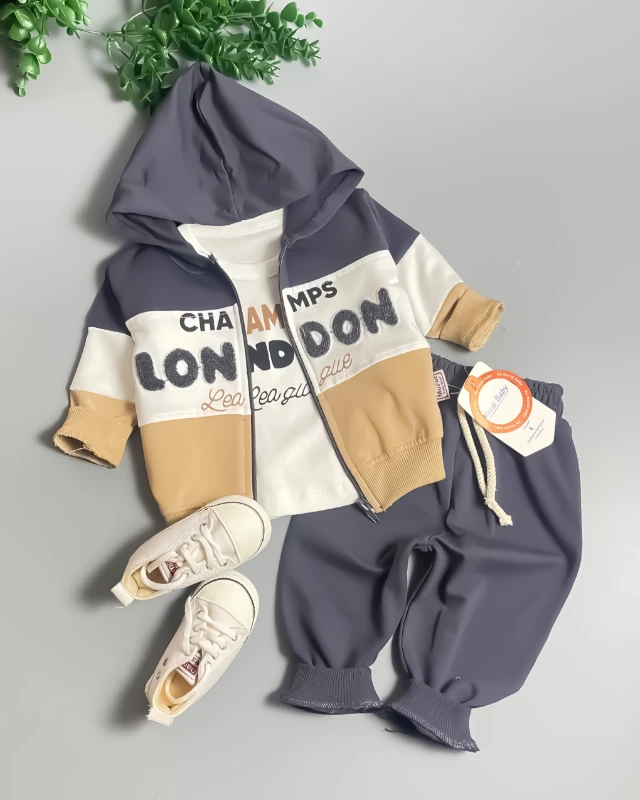 Miniapple Hırkalı Champs London Nakışlı Badili 3’lü Bebek Takımı - AÇIK KAHVE