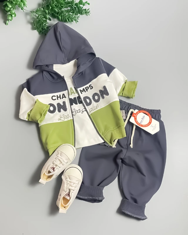 Miniapple Hırkalı Champs London Nakışlı Badili 3’lü Bebek Takımı - AÇIK YEŞİL
