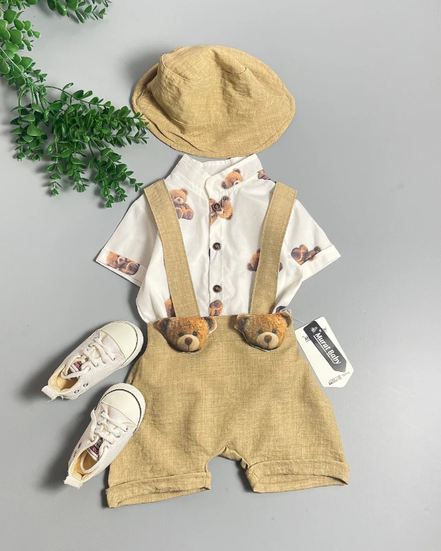 Miniapple Yazlık Gömleği Tedy Ayıcık Desenli Şapkalı Salopetli 3’lü Bebek Takımı - GRİ