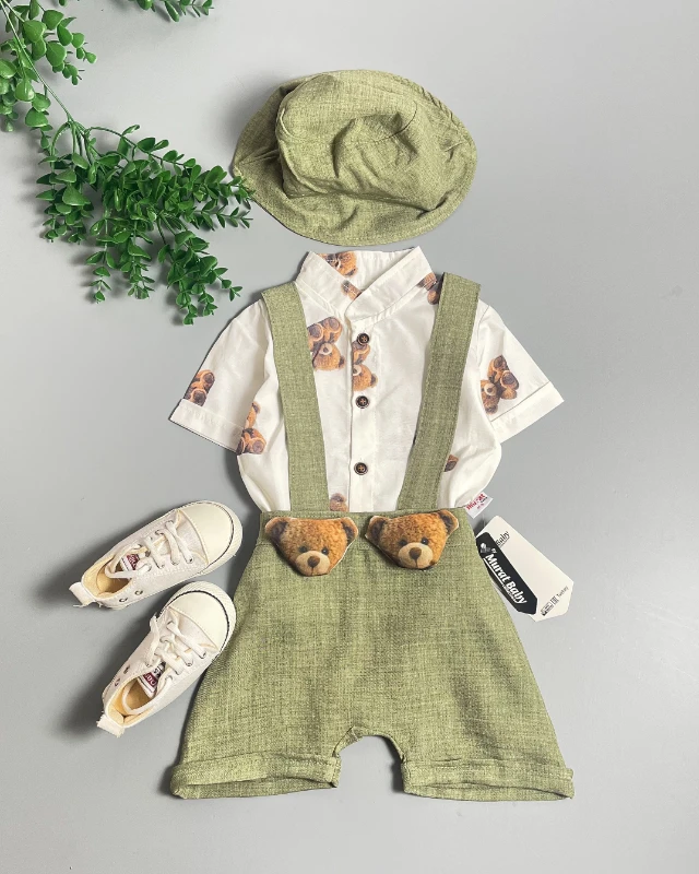 Miniapple Yazlık Gömleği Tedy Ayıcık Desenli Şapkalı Salopetli 3’lü Bebek Takımı - YEŞİL