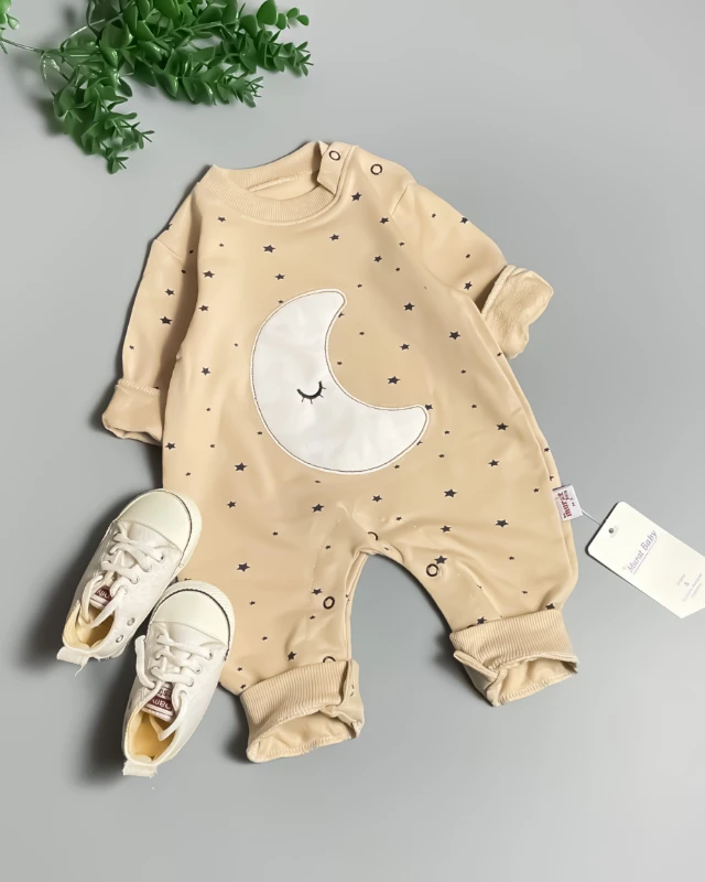 Miniapple Ay Yıldız Nakışlı Alttan ve Omuzdan Çıtçıtlı Bebek Tulumu - LACİVERT