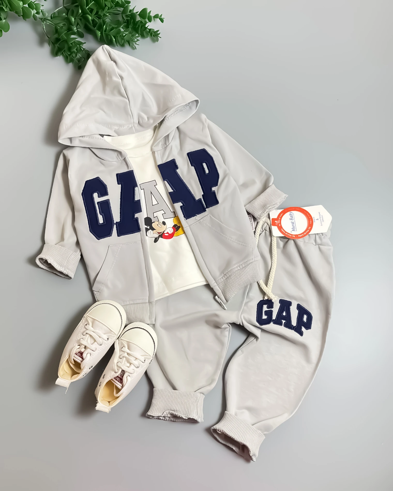 Miniapple Hırkalı Gapp Miki Nakışlı Badili 3’lü Bebek Takımı - GRİ