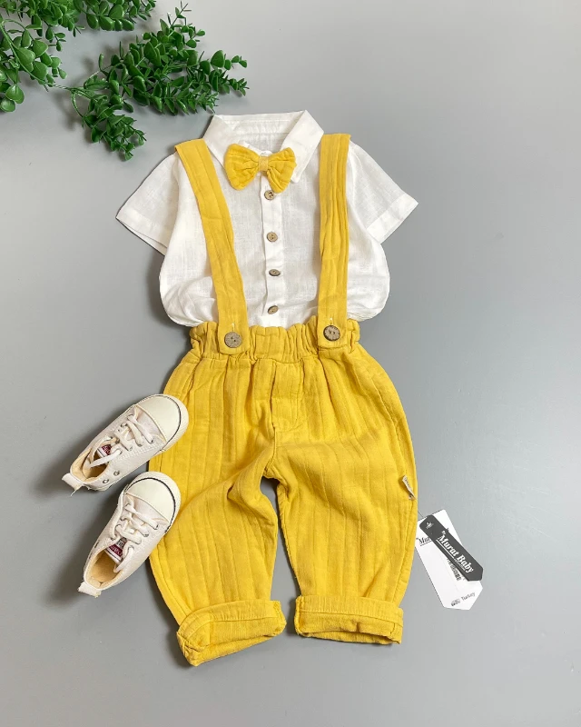 Miniapple Yazlık Papyonlu Gömlekli Çizgili Müslin Pantolonlu Askılı 2’li Bebek Takımı - SARI