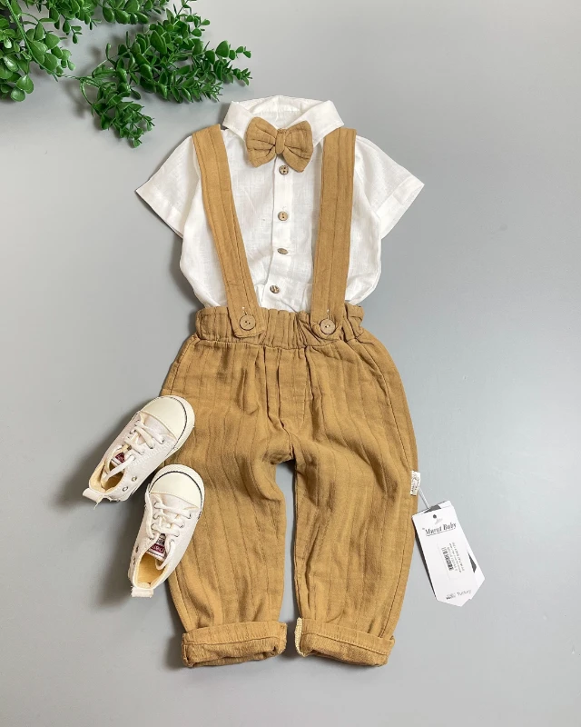 Miniapple Yazlık Papyonlu Gömlekli Çizgili Müslin Pantolonlu Askılı 2’li Bebek Takımı - KREM