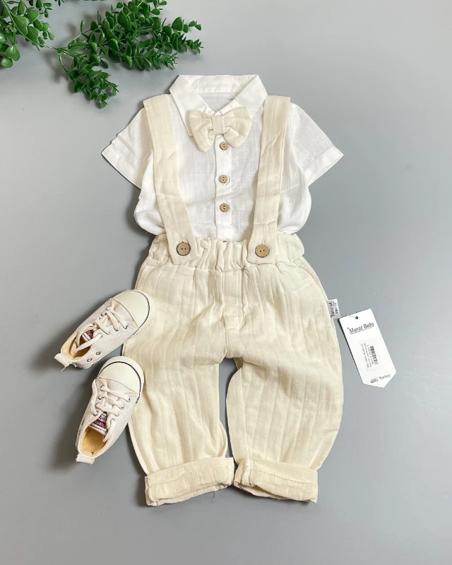 Miniapple Yazlık Papyonlu Gömlekli Çizgili Müslin Pantolonlu Askılı 2’li Bebek Takımı - KREM