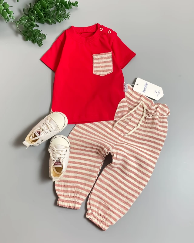 Miniapple Yazlık Omuzdan İki Çıtçıtlı Cebi ve Pantolonu Çizgili 2’li Bebek Takımı - MAVİ