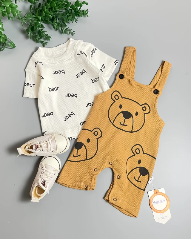 Miniapple Yazlık Badisi Bear Yazılı Fitilli Kumaş Ayıcık Baskılı Salopet Bebek Tulumu - HARDAL