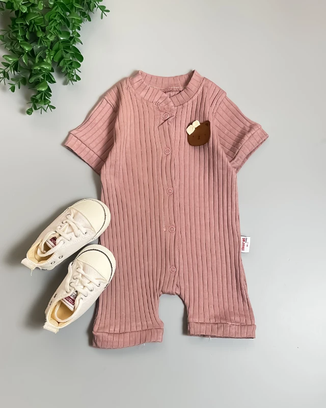 Miniapple Yazlık Kız Ayıcık Armalı Fitilli Kumaş Çıtçıtlı Bebek Tulumu - KREM