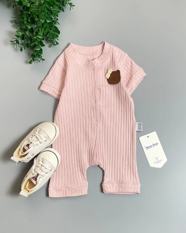 Miniapple Yazlık Kız Ayıcık Armalı Fitilli Kumaş Çıtçıtlı Bebek Tulumu - KAHVERENGİ
