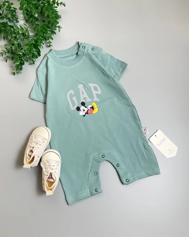 Miniapple Yazlık Gapp Miki Baskılı Alttan ve Omuzdan Çıtçıtlı Bebek Tulumu - HARDAL