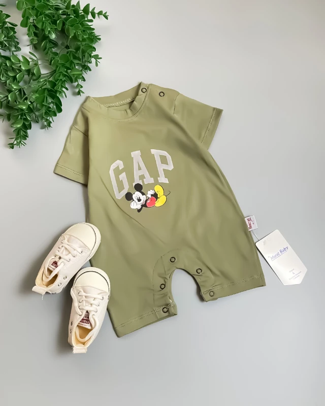 Miniapple Yazlık Gapp Miki Baskılı Alttan ve Omuzdan Çıtçıtlı Bebek Tulumu - AÇIK KAHVE