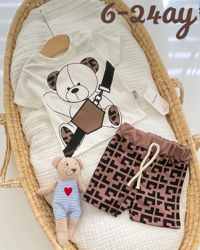 Miniapple Yazlık Çantalı Ayıcık Baskılı 2’li Bebek Takımı - KAHVERENGİ