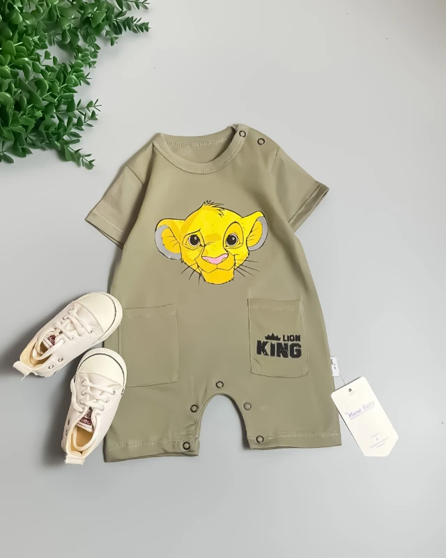 Miniapple Yazlık Lion King Aslan Baskılı Çift Cepli Bebek Tulumu - HAKİ