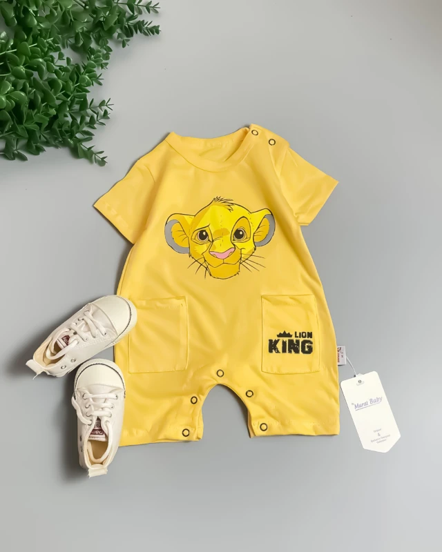 Miniapple Yazlık Lion King Aslan Baskılı Çift Cepli Bebek Tulumu - SARI