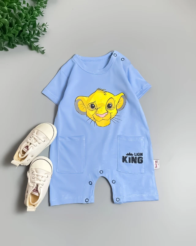 Miniapple Yazlık Lion King Aslan Baskılı Çift Cepli Bebek Tulumu - MAVİ