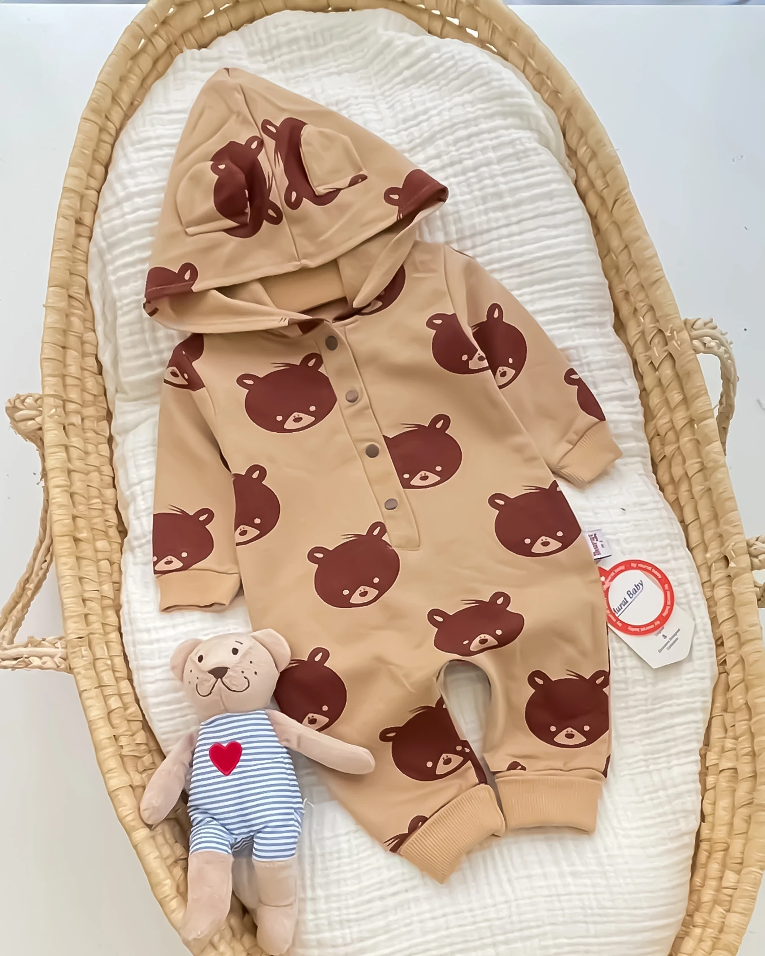 Miniapple Kahverengi Ayıcık Baskılı Kapüşonlu Düğmeli Bebek Tulumu
