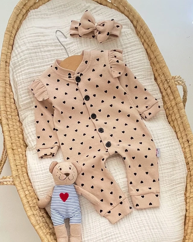 Miniapple Küçük Kalpler Desenli Fitilli Kolları Fırfırlı Bandanalı Bebek Tulumu