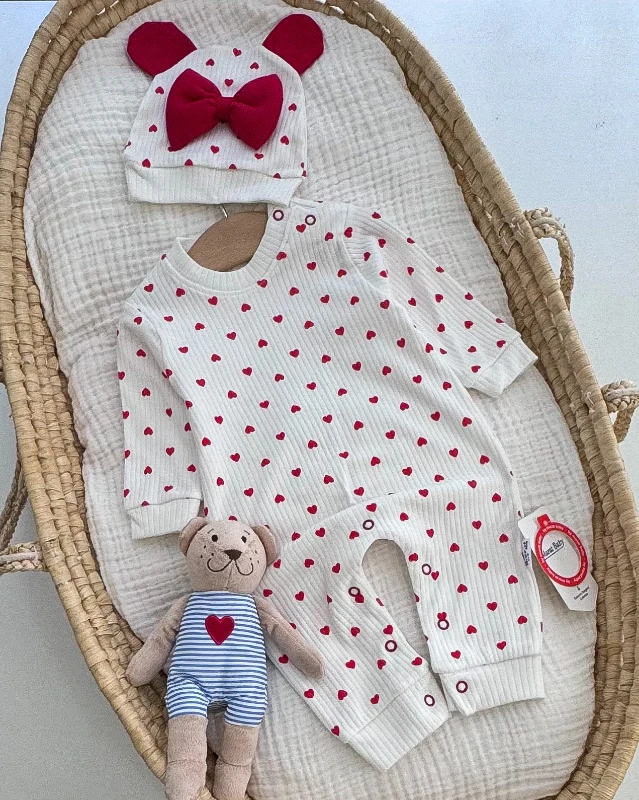 Miniapple Minik Kalpler Baskılı Fitilli Kumaş Şapkalı Bebek Tulumu - Beyaz