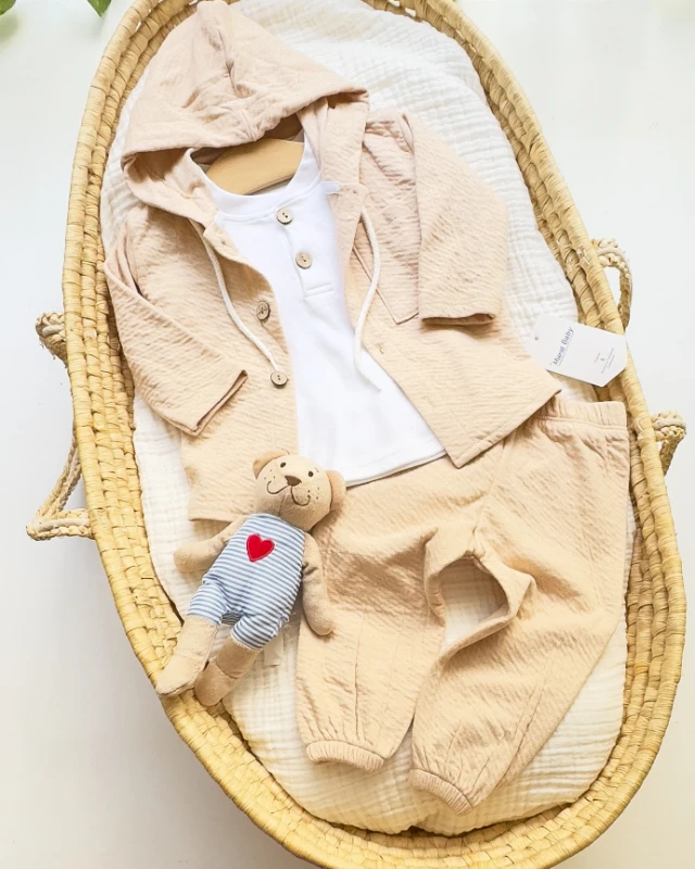 Miniapple Müslin Hırkalı ve Pantolonlu Tek Renk Badili 3’lü Bebek Takımı