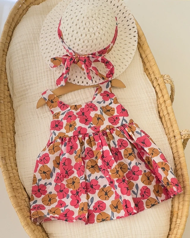 Miniapple Yazlık Hasır Şapkalı Çiçek Desenli Bebek Elbisesi - NAR ÇİÇEĞİ