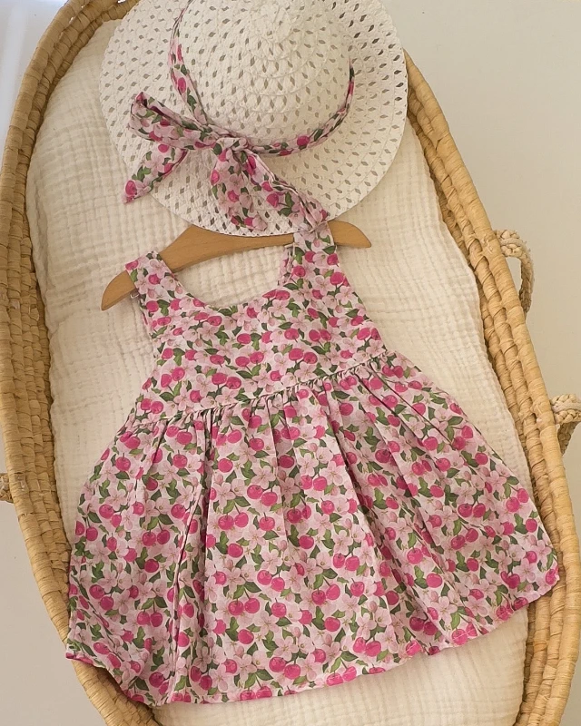 Miniapple Yazlık Hasır Şapkalı Kiraz Desenli Bebek Elbisesi - FUŞYA