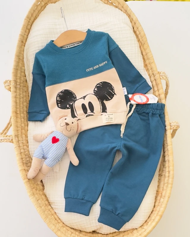 Miniapple Cute and Happy Miki Baskılı 2’li Bebek Takımı - PETROL YEŞİLİ