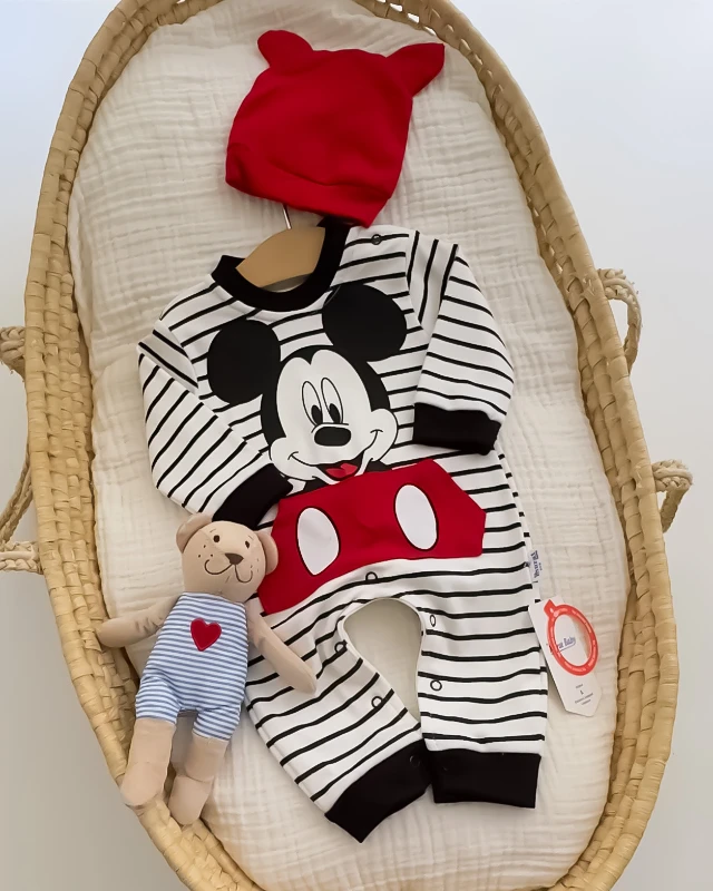 Miniapple Siyah Yatay Çizgili Miki Baskılı Şapkalı Önden Cepli Bebek Tulumu