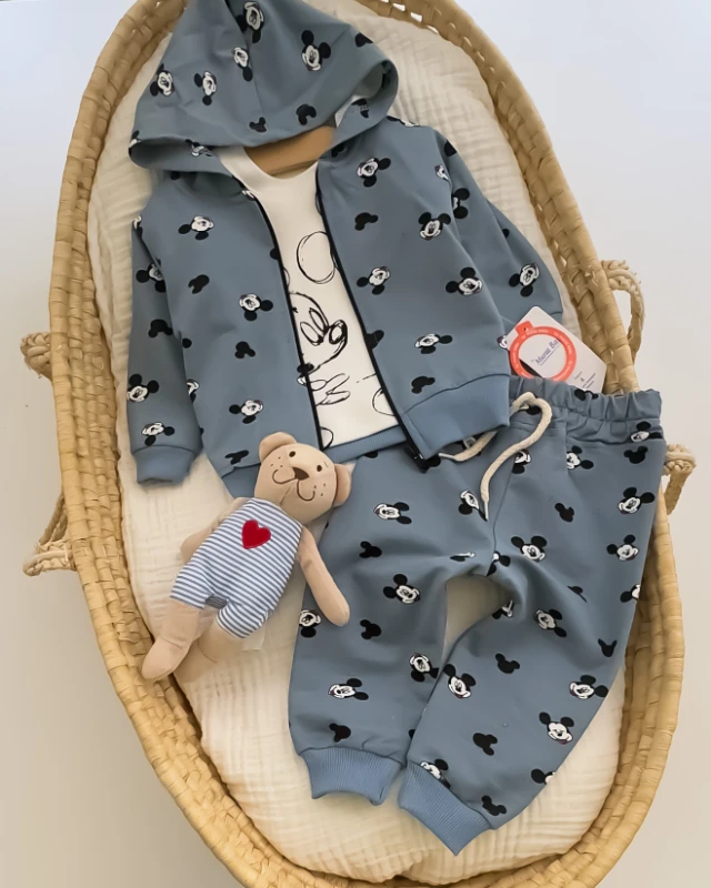 Miniapple Hırkalı Küçük Miki Baskılı Badili Kulaklı Kapüşonlu 3’lü Bebek Takımı - İNDİGO