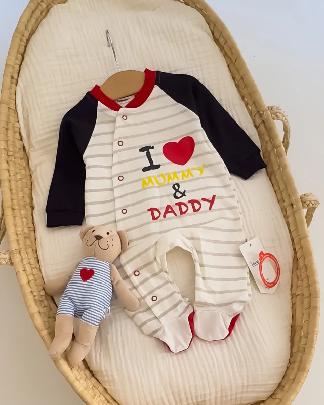 Miniapple I Love Mummy Dady Baskılı Çizgili Bebek Tulumu - KIRMIZI