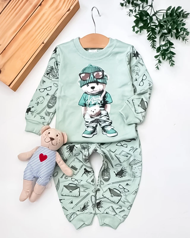 Süpermini Bereli Ayıcık Baskılı 2’li Bebek Pijama Takımı