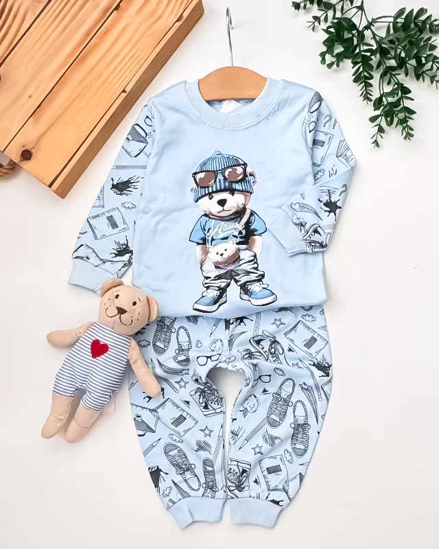 Süpermini Bereli Ayıcık Baskılı 2’li Bebek Pijama Takımı