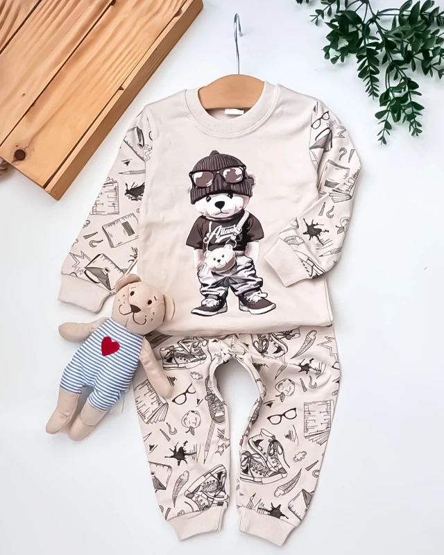 Süpermini Bereli Ayıcık Baskılı 2’li Bebek Pijama Takımı