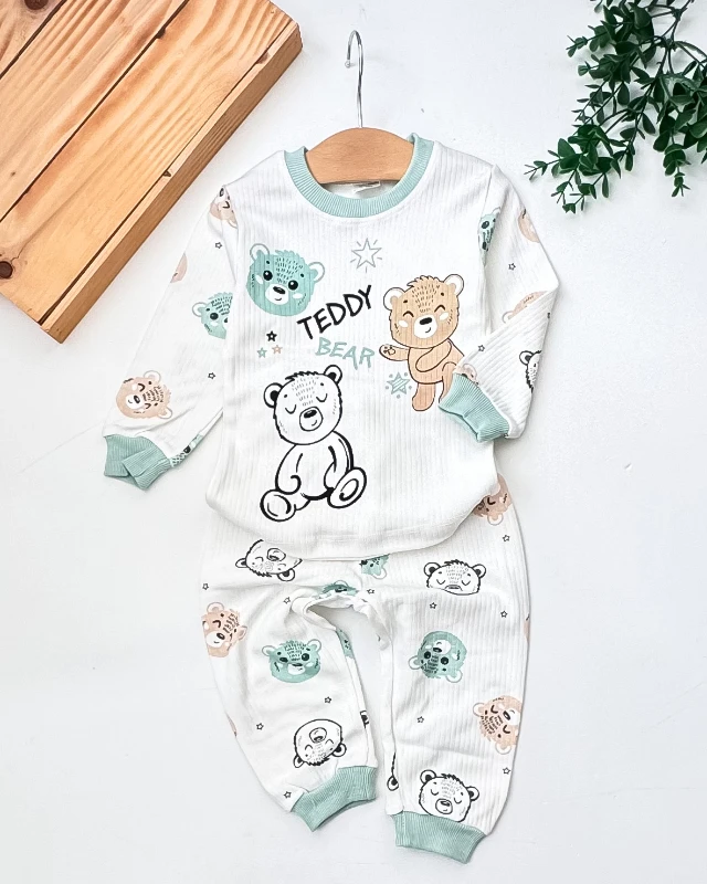 Süpermini Teddy Bear Baskılı Raporlu Kumaş 2’li Bebek Pijama Takım