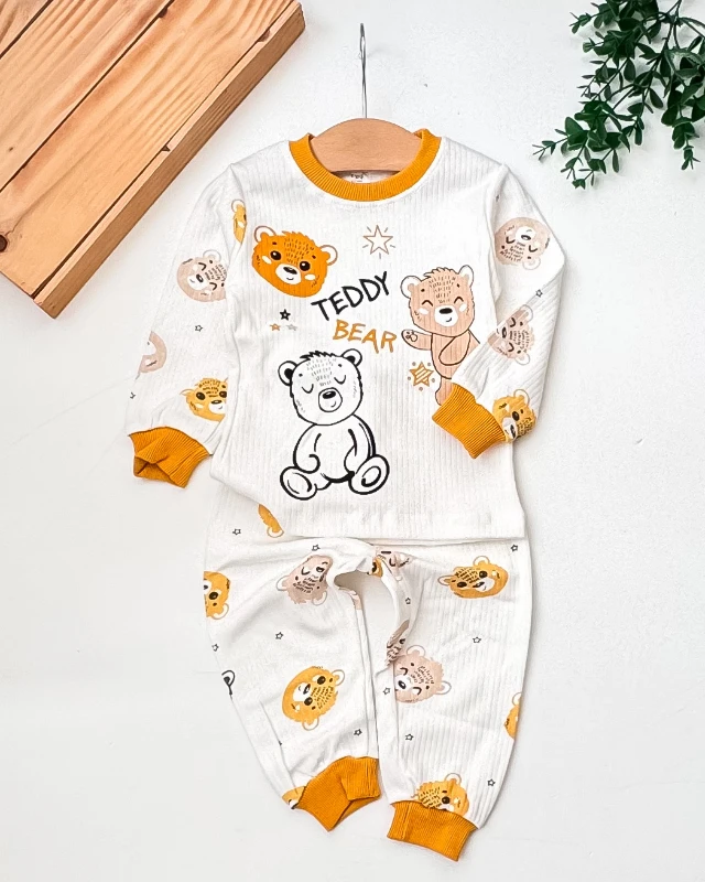 Süpermini Teddy Bear Baskılı Raporlu Kumaş 2’li Bebek Pijama Takım