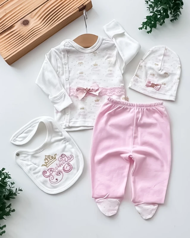 Babyim Prens ve Prenses Nakışlı Şapkalı Önlüklü 4’lü Set