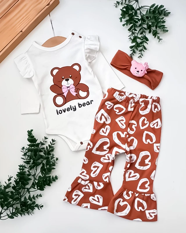 Coşay Lovely Bear Baskılı Karpuz Kol Bandanalı 3’lü Bebek Takım - Kahverengi