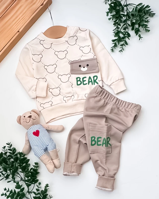 Kiddimax Bear Baskılı Cepli 2’li Bebek Takım