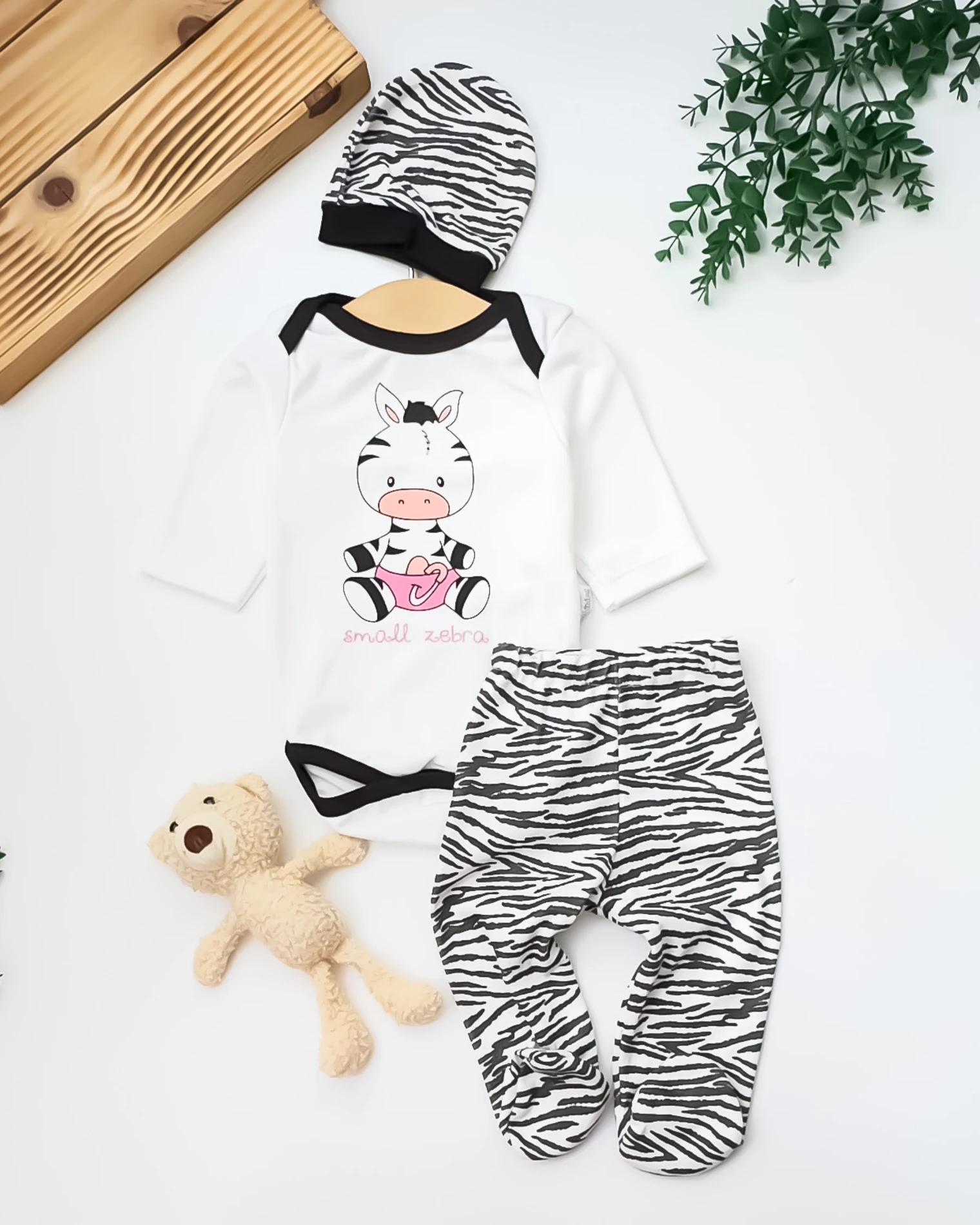 Minibird Zebra Baskılı Şapkalı 3’lü Bebek Takım