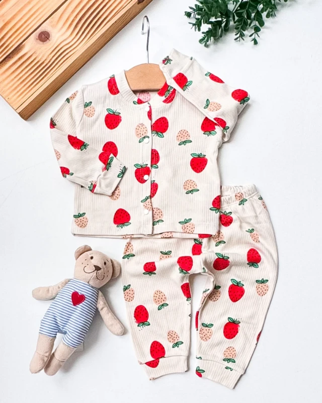 Nayinom Çilek Baskılı 2’li Bebek Pijama Takım - Bej