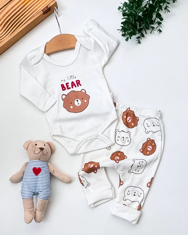 Nayinom My Little Bear Baskılı Raporlu Kumaş 2’li Bebek Takım